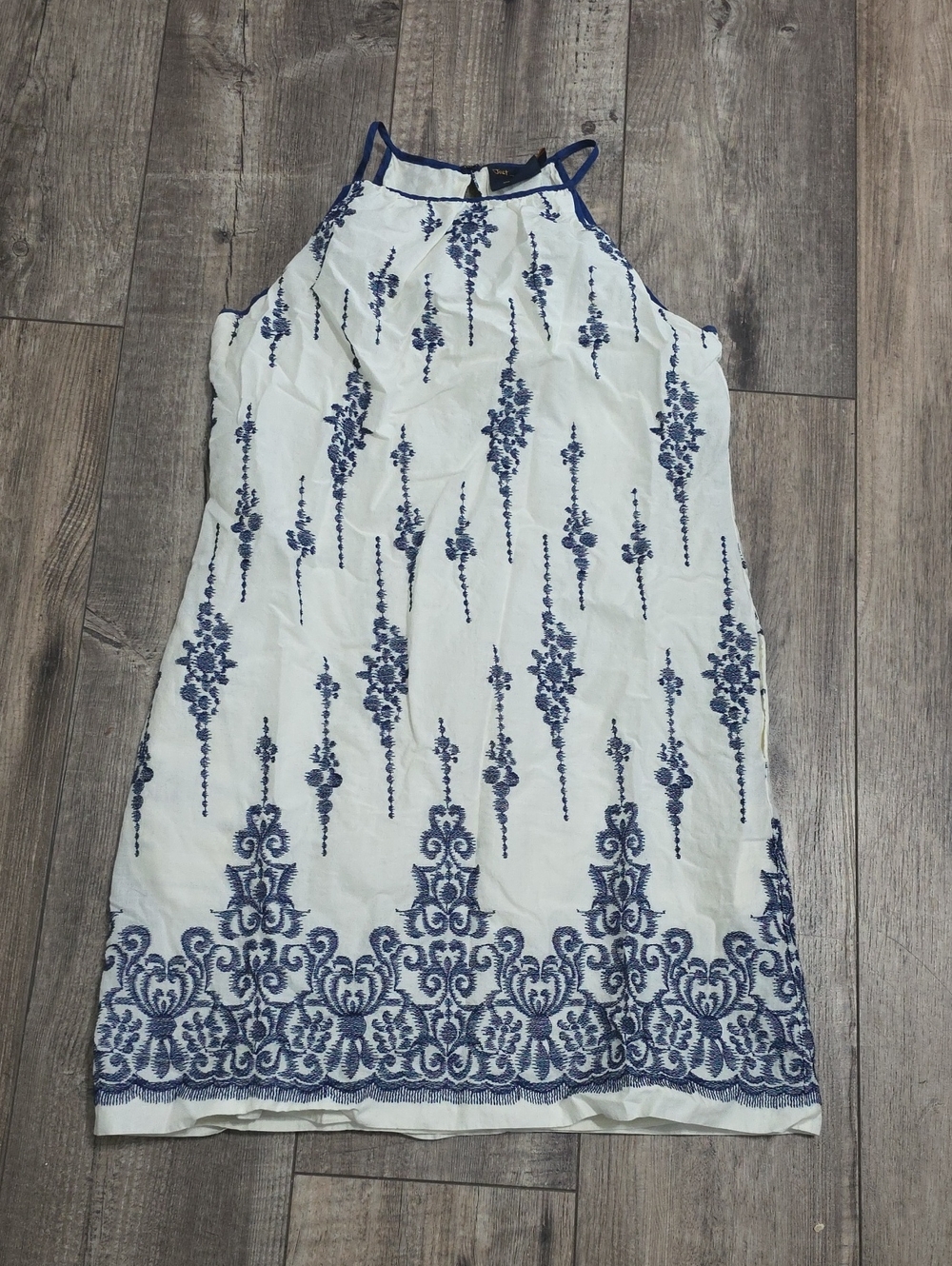 Just Taylor Blue & Ivory Embroidered Halter Dress Size 8 Lined Cotton Sleeveless